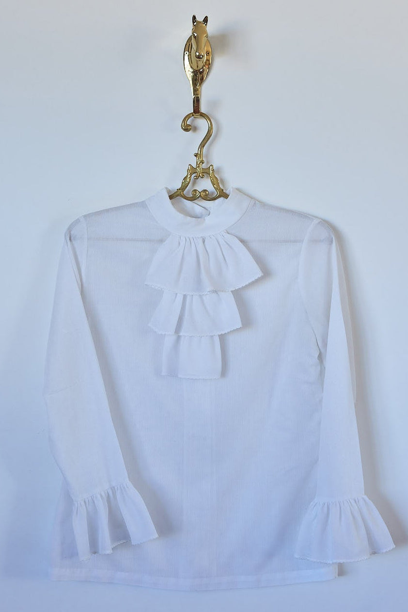 Vintage-Style Handmade White Ruffle Blouse – Cotton, Button-Back Closure