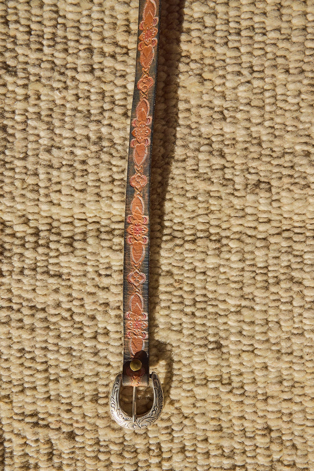 Vintage Tooled Leather Western Belt with Engraved Silver Buckle