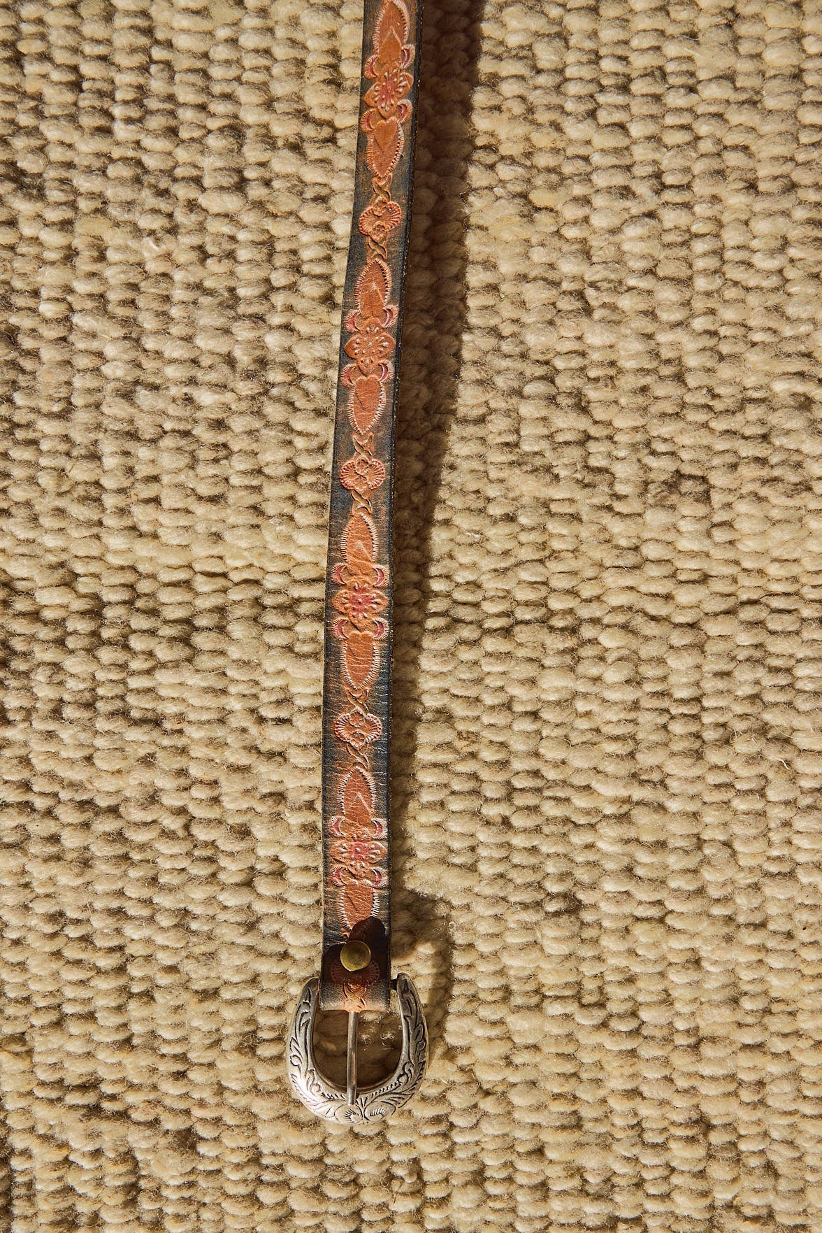 Vintage Tooled Leather Western Belt with Engraved Silver Buckle