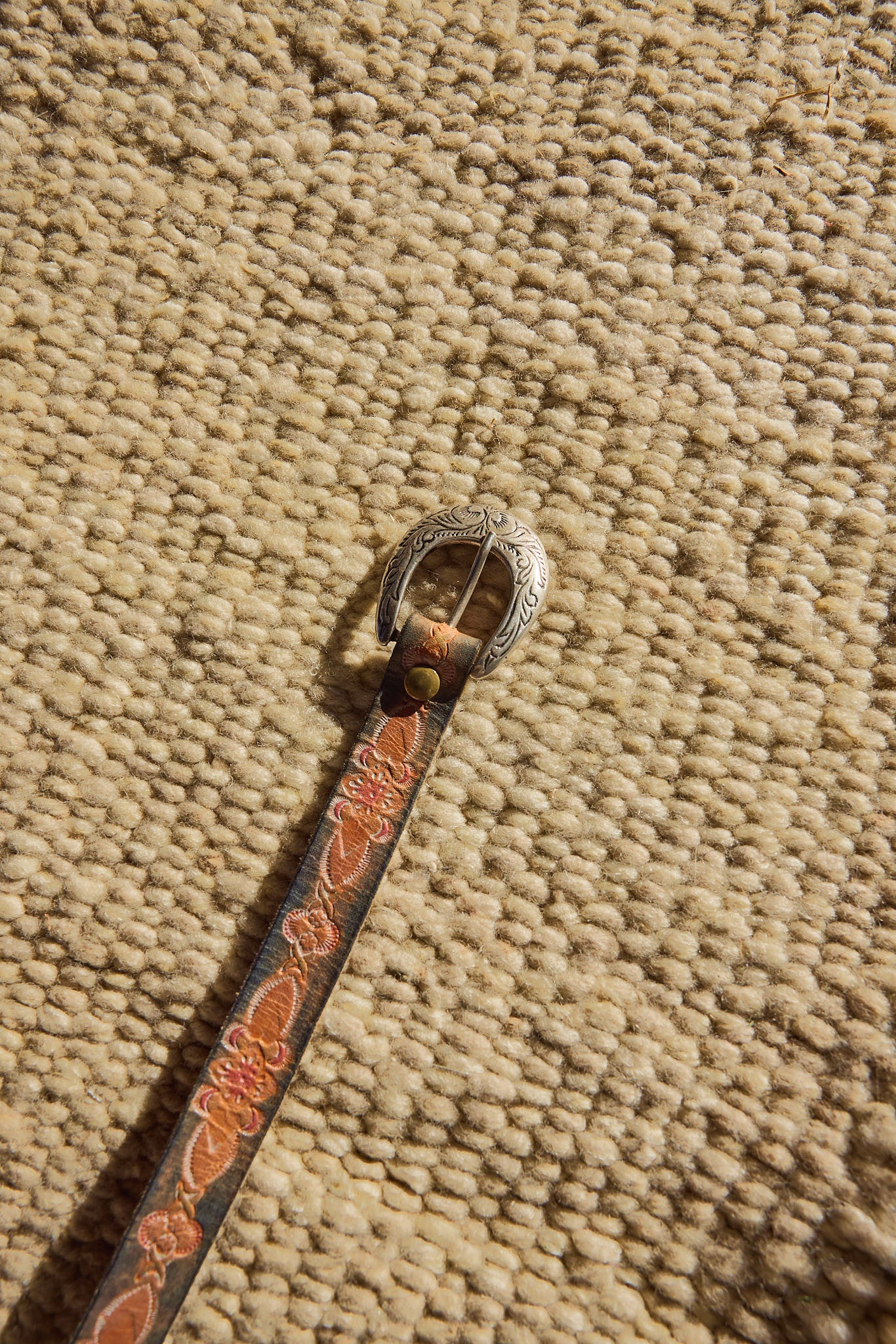 Vintage Tooled Leather Western Belt with Engraved Silver Buckle