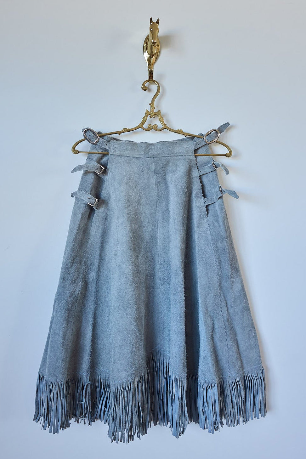 Vintage Gray Suede Fringe Skirt, Adjustable Fit