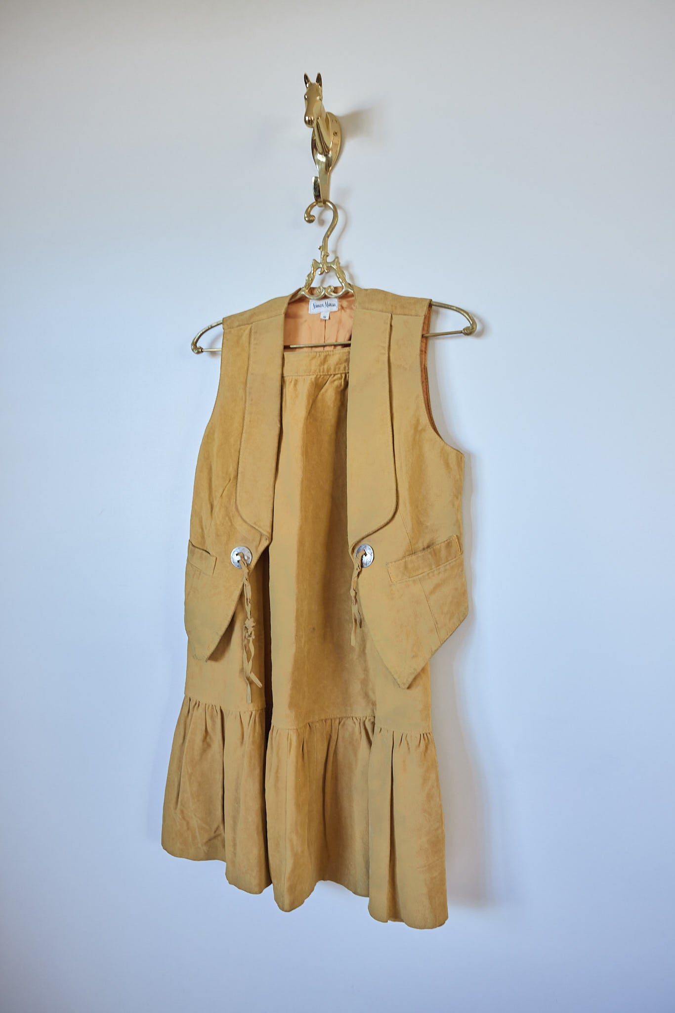 Vintage Neiman Marcus Tan Suede Vest & Skirt Set (Petite Size)
