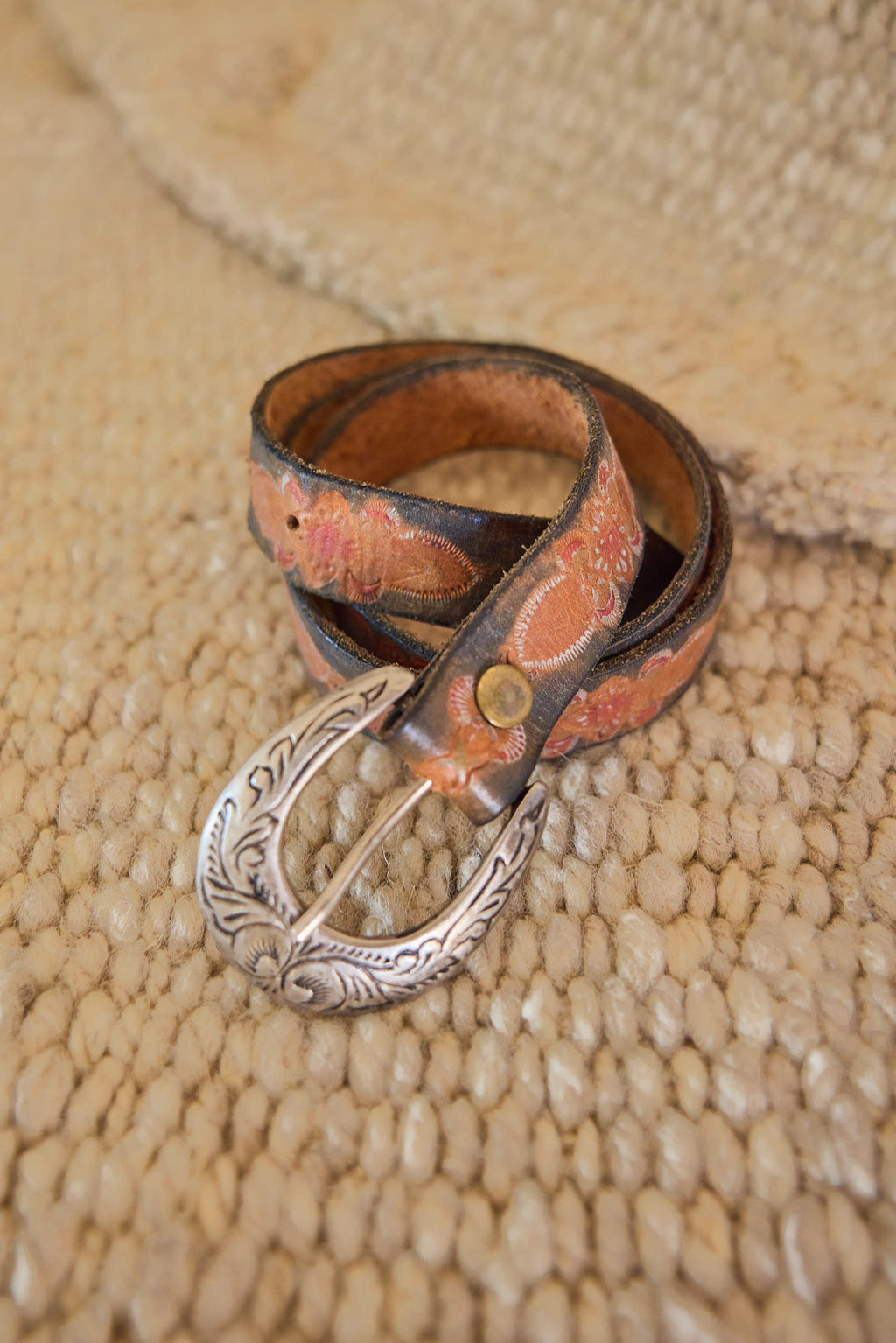 Vintage Tooled Leather Western Belt with Engraved Silver Buckle