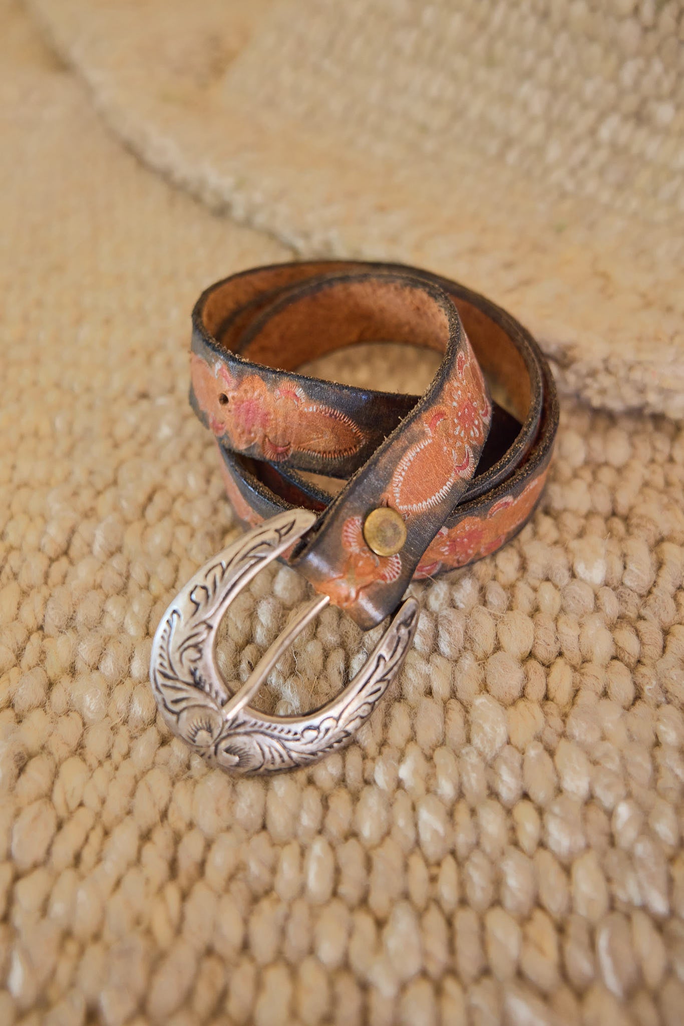 Vintage Tooled Leather Western Belt with Engraved Silver Buckle