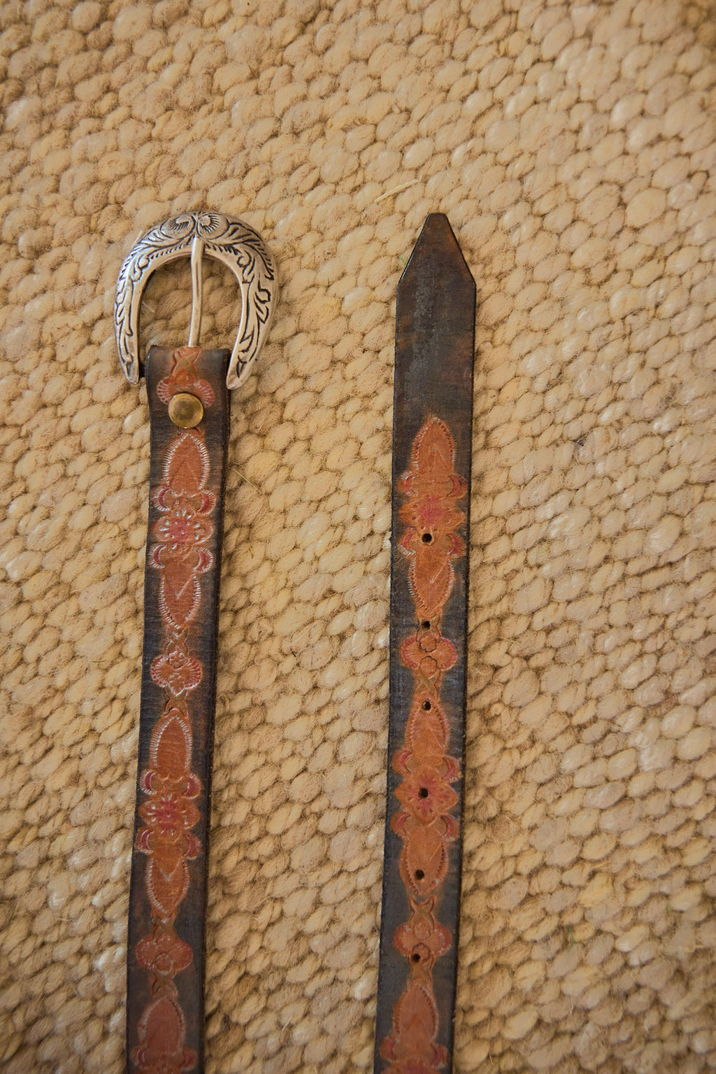 Vintage Tooled Leather Western Belt with Engraved Silver Buckle