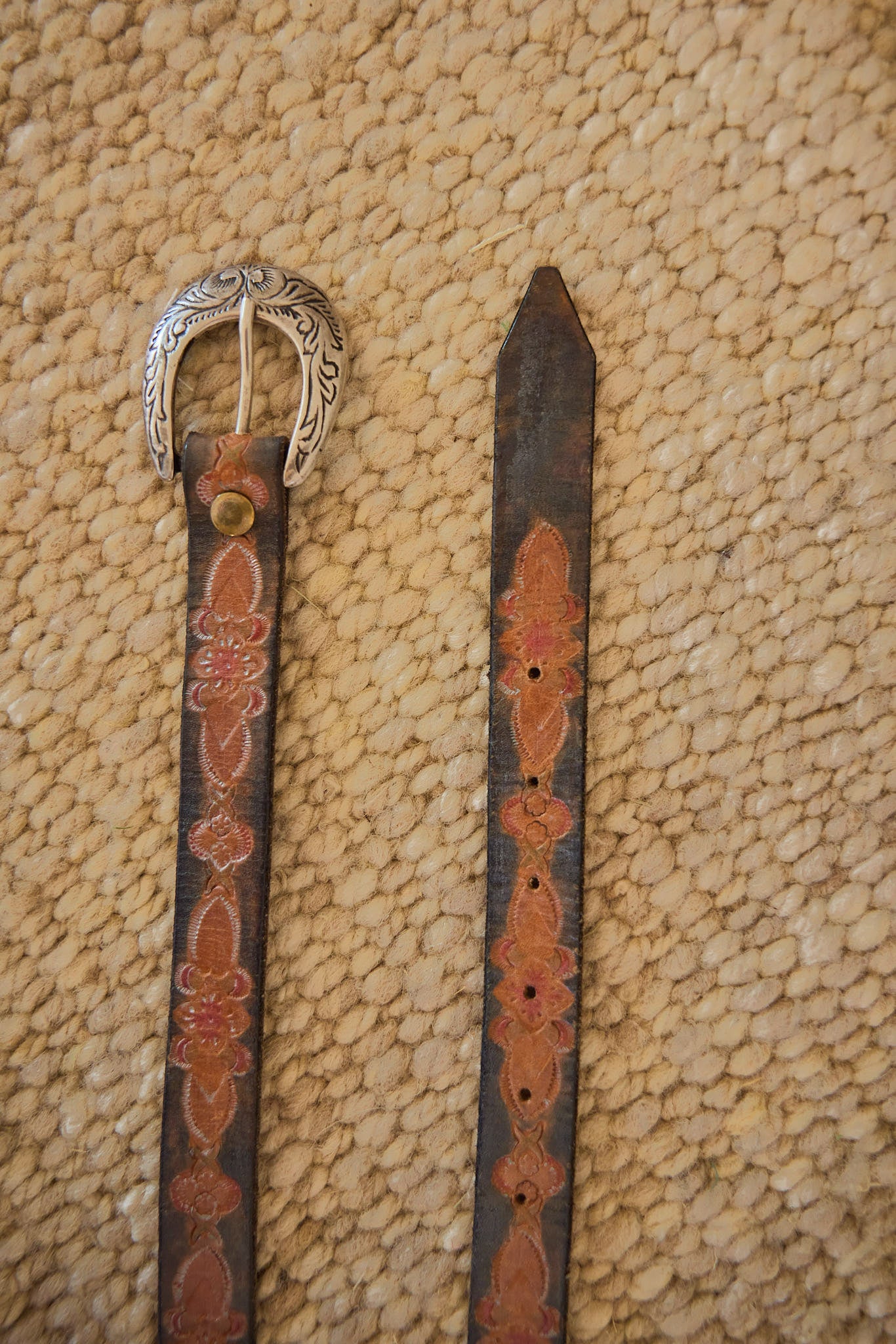 Vintage Tooled Leather Western Belt with Engraved Silver Buckle