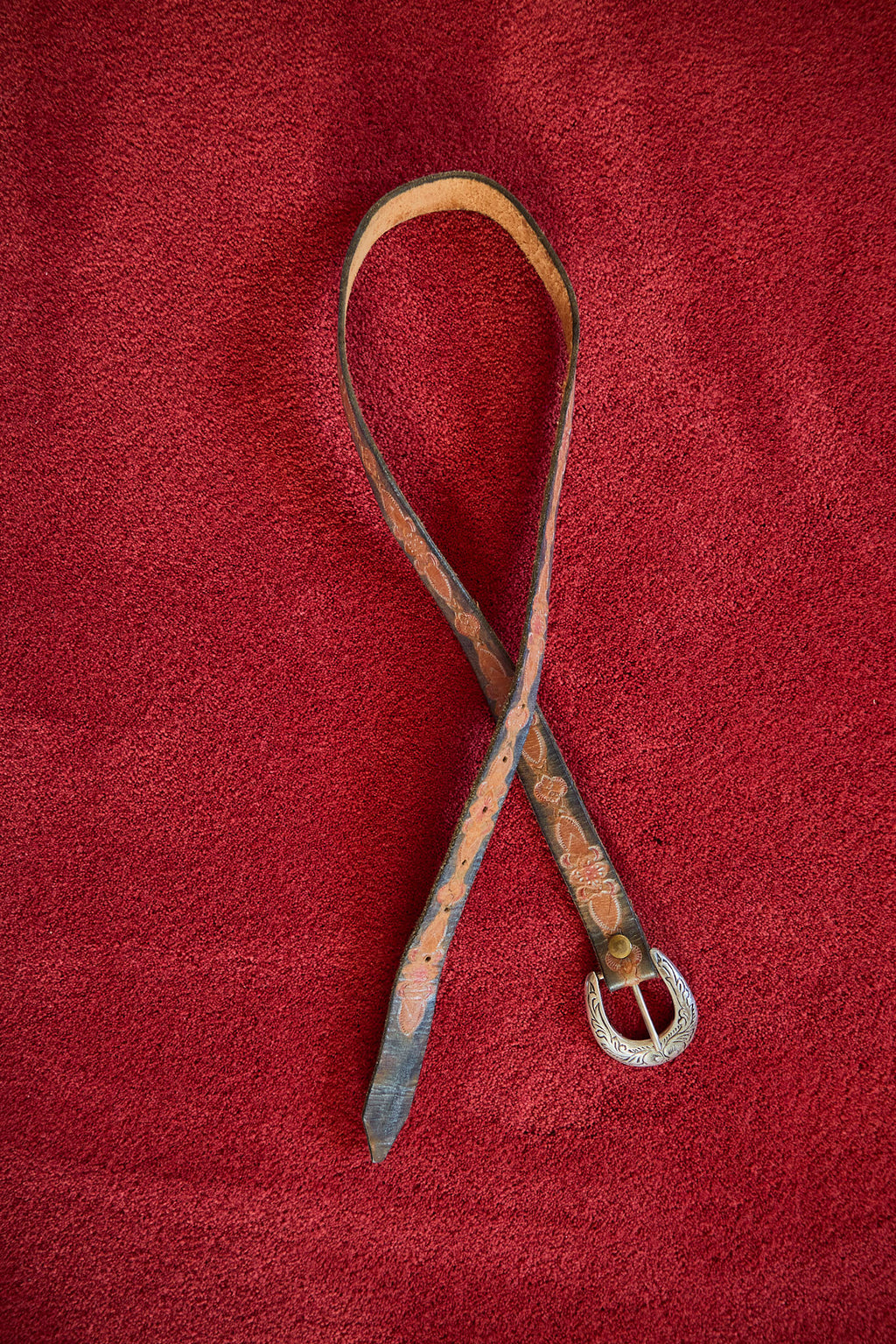 Vintage Tooled Leather Western Belt with Engraved Silver Buckle