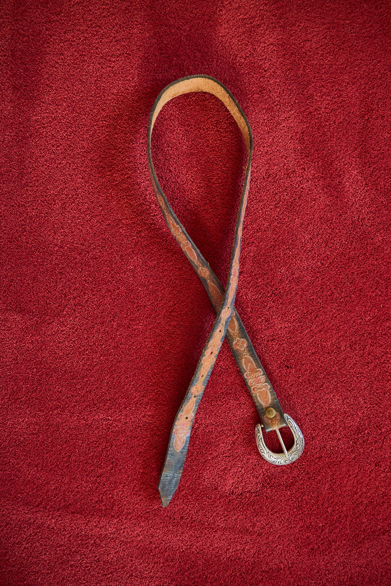 Vintage Tooled Leather Western Belt with Engraved Silver Buckle