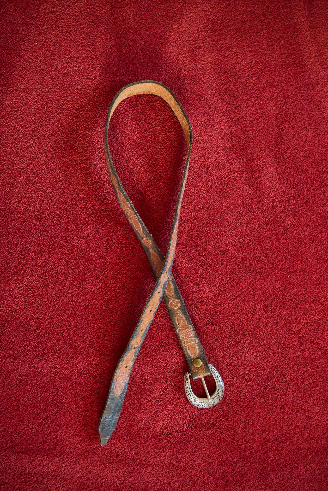 Vintage Tooled Leather Western Belt with Engraved Silver Buckle