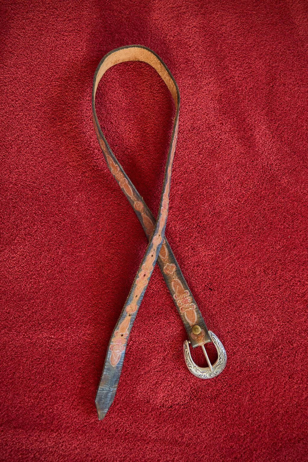Vintage Tooled Leather Western Belt with Engraved Silver Buckle