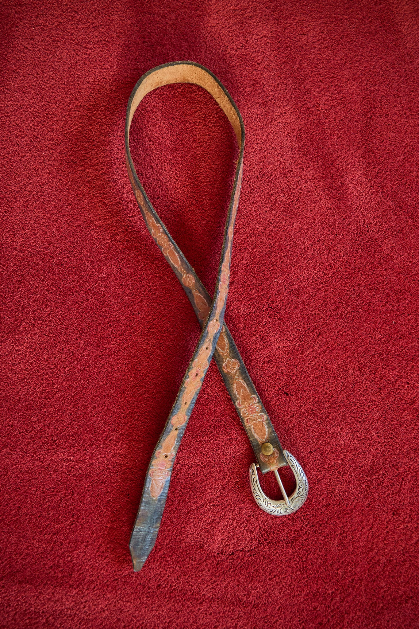 Vintage Tooled Leather Western Belt with Engraved Silver Buckle