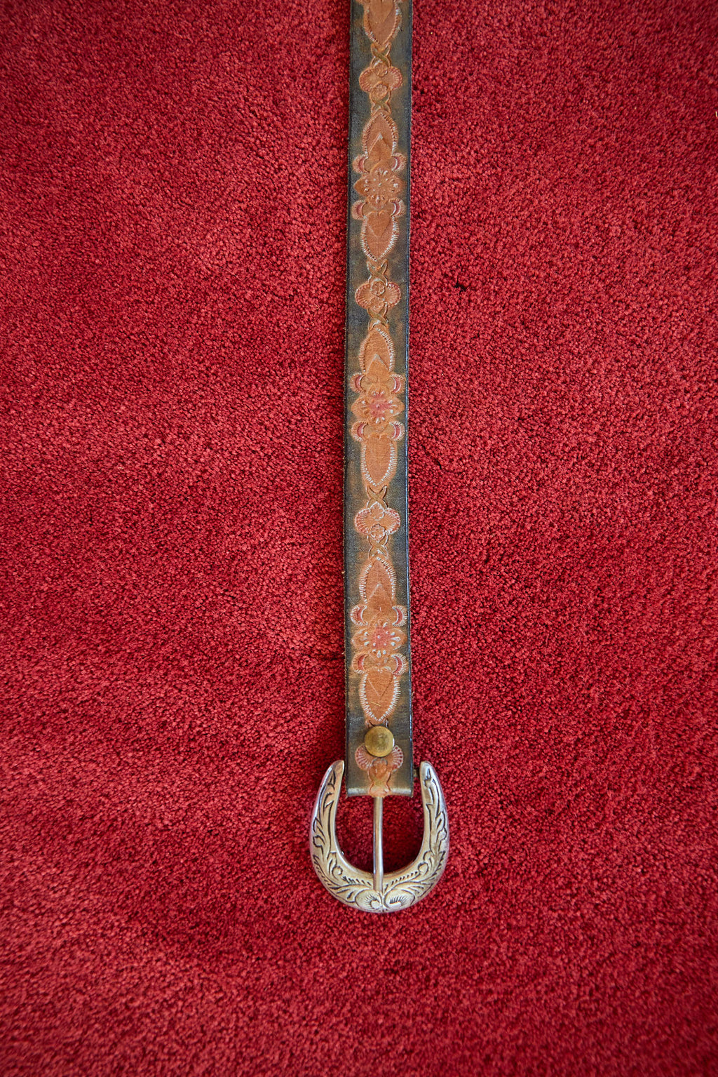 Vintage Tooled Leather Western Belt with Engraved Silver Buckle