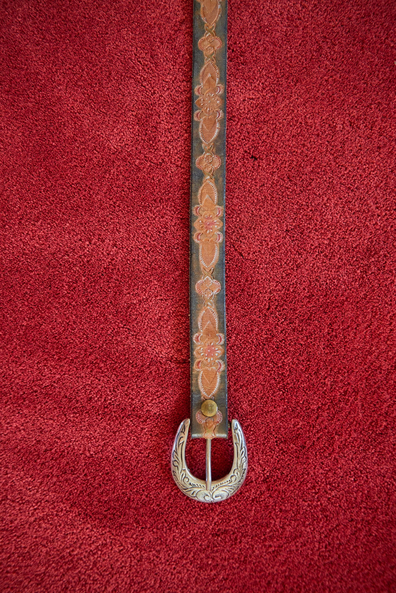 Vintage Tooled Leather Western Belt with Engraved Silver Buckle