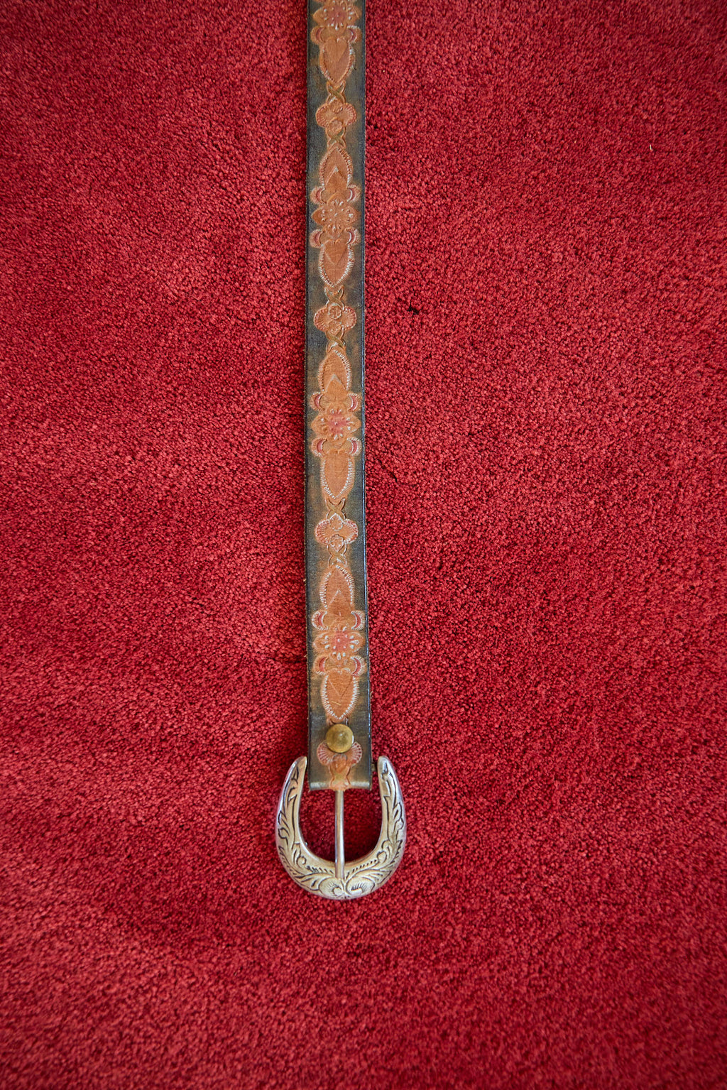 Vintage Tooled Leather Western Belt with Engraved Silver Buckle