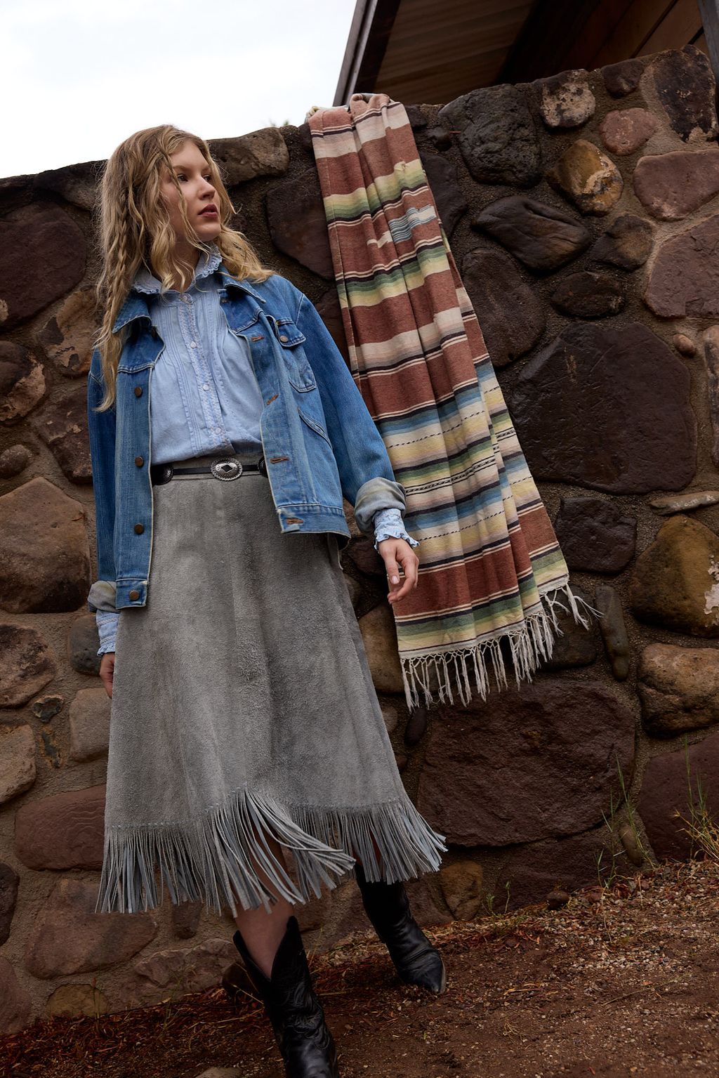 Vintage Gray Suede Fringe Skirt, Adjustable Fit
